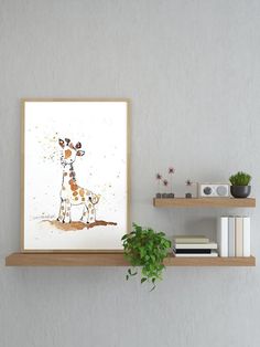 a giraffe standing on top of a shelf next to a potted plant