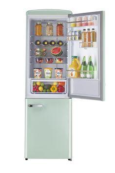 an open refrigerator filled with lots of food and drinks on top of it's doors