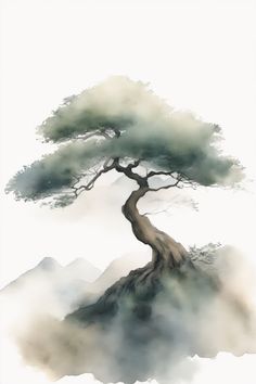 a watercolor painting of a tree on top of a mountain with fog in the air