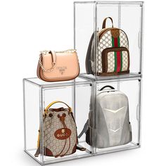 three clear cases holding purses and handbags in each one's own compartment