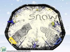 a snow board with the word snow written on it in front of some snowflakes