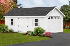 a white shed with black shingles and flowers in the front yard next to it