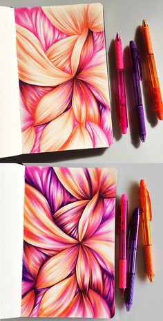 two notebooks with different colored pens on them and one has an image of a flower