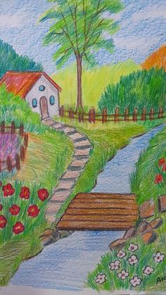 a drawing of a house on a hill with flowers in the foreground and a river running through it