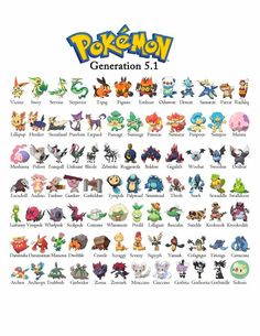 the pokemon generations poster is shown in full color and font, with many different types of characters