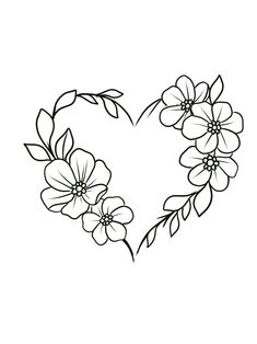 a heart shaped frame with flowers in the middle and leaves on each side, drawn by hand