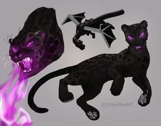 three different types of black panthers with purple eyes and fangs on their faces, one is