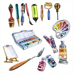 an assortment of arts and crafts items displayed on a white background, including paintbrushes