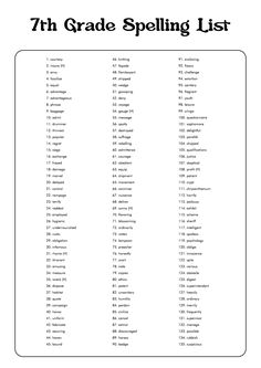 the 7th grade spelling list is shown in black and white with words that spell it out