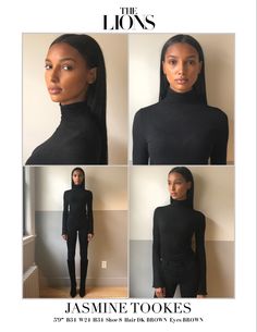 four photos of a woman wearing black clothing and posing for the front cover of an article