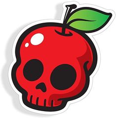 a red apple with a green leaf on it's tip and a skull face