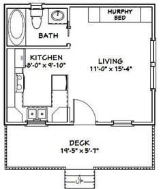 the floor plan for a small house with two bathrooms and one bedroom, including a bathroom