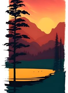 a painting of trees and mountains at sunset