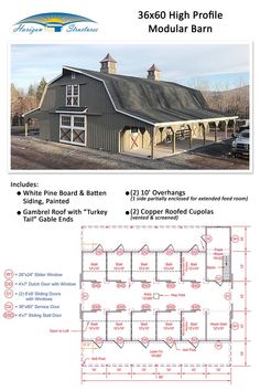 the three story pole barn with lofts and living quarters is shown in this brochure