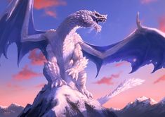 a large white dragon standing on top of a mountain