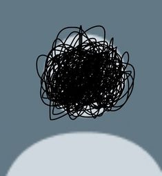 a black and white drawing of a bunch of hair on top of a chair in front of a blue wall