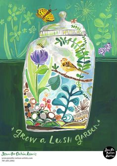 a painting of a glass jar filled with plants and birds on top of green background