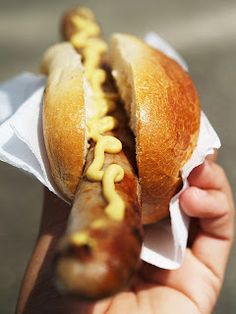 a hand holding a hot dog with mustard on it