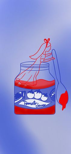 a drawing of a jar of jam with a red ribbon hanging from it's side