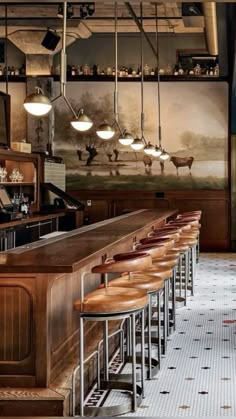 an empty bar with stools in front of it