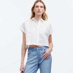 There Is A Small Spot On The Shoulder At The Yellow Sticker Measurements In Photos Madewell Top, Button Front Shirt, Shirt Women, Large White, Spot On, White Color, Madewell, Button Down Shirt, Womens Shirts