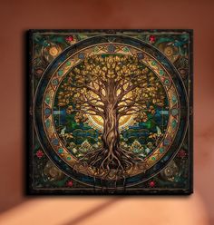 the tree of life is depicted in this stained glass painting on display at an art gallery