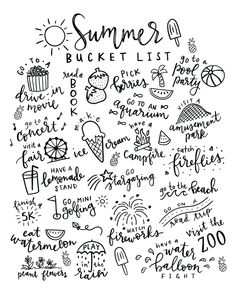 the summer bucket list is written in black ink on a white background with lots of different things