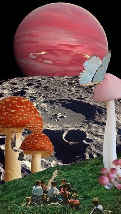 an image of people sitting on the ground near mushrooms and other things in the sky