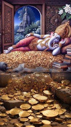 a painting of a woman laying on top of a bed with lots of gold coins