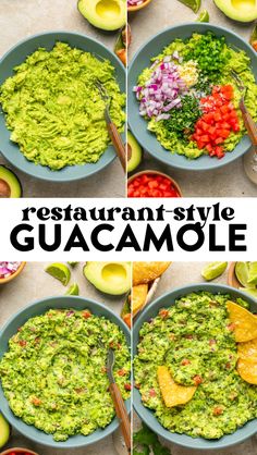 guacamole with avocado, tomatoes and other toppings in bowls