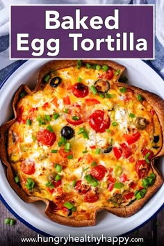 baked egg tortilla on a plate with text overlay