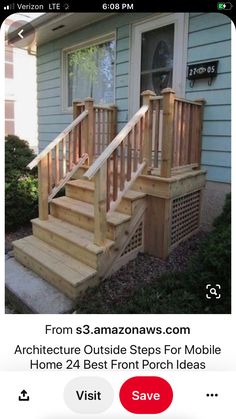 an advertisement for the front porch ideas app on iphone, showing steps and railings