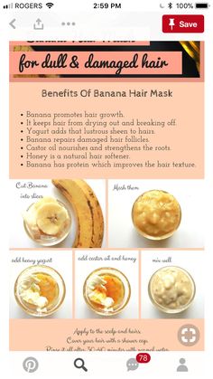 Hair mask with banana Hair Mask With Banana, Natural Hair Softener, Homemade Hair Mask, Banana Benefits, Hair Mask For Damaged Hair