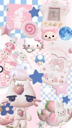 an image of many different stickers on a pink and blue checkerboard background