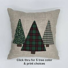 a pillow with three trees on it and the words, click thru for 5 free color & print choices