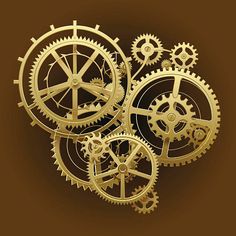 several golden gears on a brown background