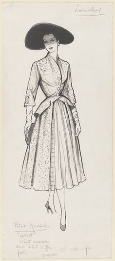 a drawing of a woman in a dress and hat