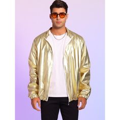 The metallic sparkle bomber jacket makes you stand out from the crowd. Go well with your casual tees, pants, jeans, and stage costume to make a unique eye-catching style. The pocket is designed for your convenience. Whether you're going for a relaxed brunch or a night out, this top ensures a fashionable and comfortable look. 90s Fancy Dress, Look Hip Hop, Hip Hop Jacket, Mens 90s, Reflective Jacket, Gold Jacket, Racer Jacket, Baseball Varsity Jacket, Versace Collection