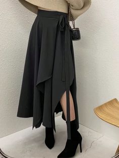 Women Solid Color Ruffle Asymmetric Hem Elegant Skirt Black Casual   Fabric Plain Asymmetrical Non-Stretch  Women Clothing, size features are:Bust: ,Length: ,Sleeve Length: Hi Low Skirt Outfit, Asymmetrical Skirts For Women, Elegant Bottoms, Japanese Skirt, Black Skirts, Ankle Length Skirt, Stylish Skirts, Elegant Skirt, Skirt Long