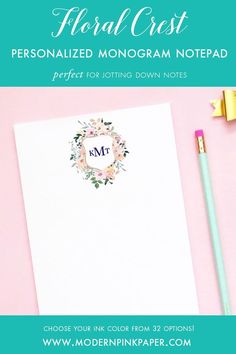 the personalized monogram notepad is shown on top of a pink background with a pencil