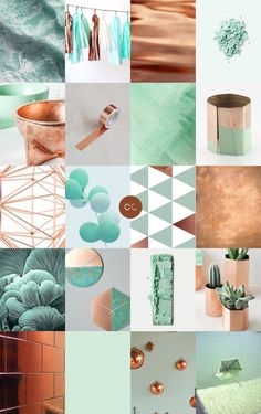 a collage of different colors and shapes with copper, teal, and green accents