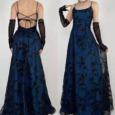 Y2k Grunge Prom Dress, Mesh 90s Dress, Blue Dress With Black Mesh Overlay, Alt Dresses Prom, Prom Grunge Dresses, Mall Goth Prom Dress, 90s Whimsigoth Prom Dress, Blue Goth Clothes, Prom Dresses Alternative