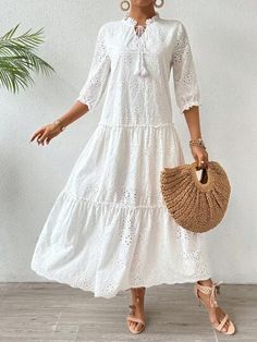 Western Outfit, Bow Tie Collar, Women Long Dresses, Western Outfits, Dress With Bow, Embroidered Dress, Ruffle Hem, Fashion Online Shop, Online Fashion