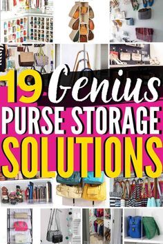 the cover of 19 genius purse storage solutions, with images of handbags and purses