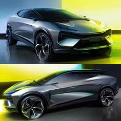 the concept car is shown in two different views, one with yellow and green lights