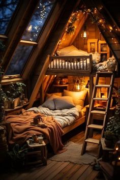 an attic bedroom with a loft bed and ladder to the ceiling, filled with lights