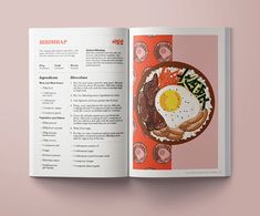 an open brochure showing the contents of a plate of food with eggs on it