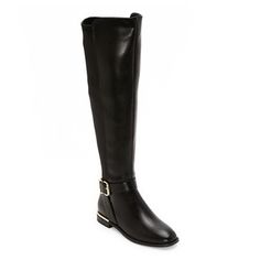 These elegant and stylish Liz Claiborne women's Jepson black boots are a versatile and statement-making choice for the cooler season. Made from a sleek and durable material with a rubber sole and memory foam insole, they feature an over-the-knee silhouette, a closed toe, a low heel offering comfort for all-day wear, and side buckles. Features: ComfortClosure Type: ZipperFootwear Technology: Memory Foam InsoleShaft Circumference: 14 1/2 InchesBoot Shaft Height: 19 3/4 InchesShoe Heel Height: 1 In Slim Calf Boots, Slim Calves, Knee Boots Black, Black Riding Boots, Comfortable Boots, Stacked Heel, Boots Black, Liz Claiborne, Over The Knee Boots