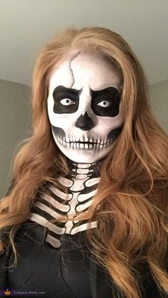 Skeleton Makeup Face And Neck, Skeleton Makeup Neck And Chest, White Contacts Makeup Halloween, Black And White Skull Makeup, Skeleton Face Makeup Women, Skeleton Chest Makeup, Skeleton Makeup Step By Step, Skeleton Kids Makeup, White Skeleton Makeup