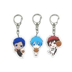 three keychais with anime characters on them, one is holding a basketball ball